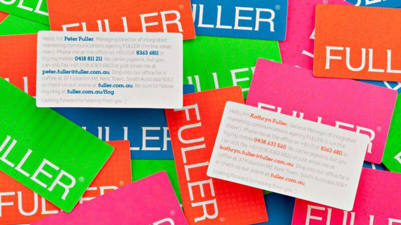 Pile of Fuller business cards in different neon colours in the 2008 Fuller brand style