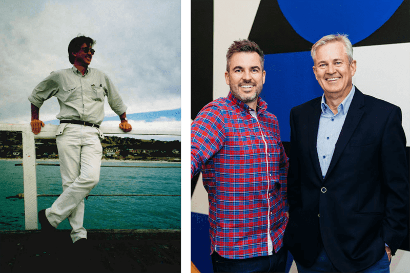 A photo of Peter Fuller standing on a jetty in the 90s (left), and a photo of Peter and Will Fuller standing in front of the new Fuller branded wall in the 2020s