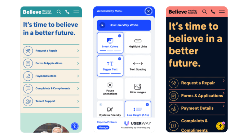 Screenshots of the Believe Housing website showing how the UserWay feature can change colour contrast, text size, and line spacing.