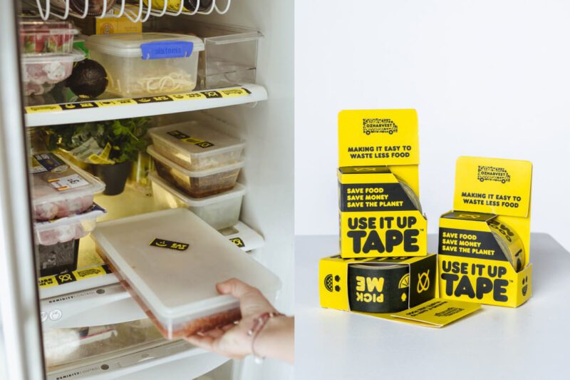 Images of the bright yellow 'Use It Up Tape', plastered over leftover fridge items